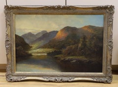 Victorian Scottish Oil Painting, Highland Loch Scene Sunset Landscape, framed
