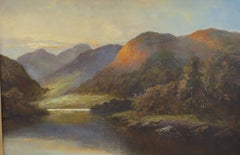 Victorian Scottish Oil Painting, Highland Loch Scene Sunset Landscape, framed