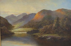 Peinture à l'huile écossaise victorienne, paysage de coucher de soleil Highland Loch, encadrée 