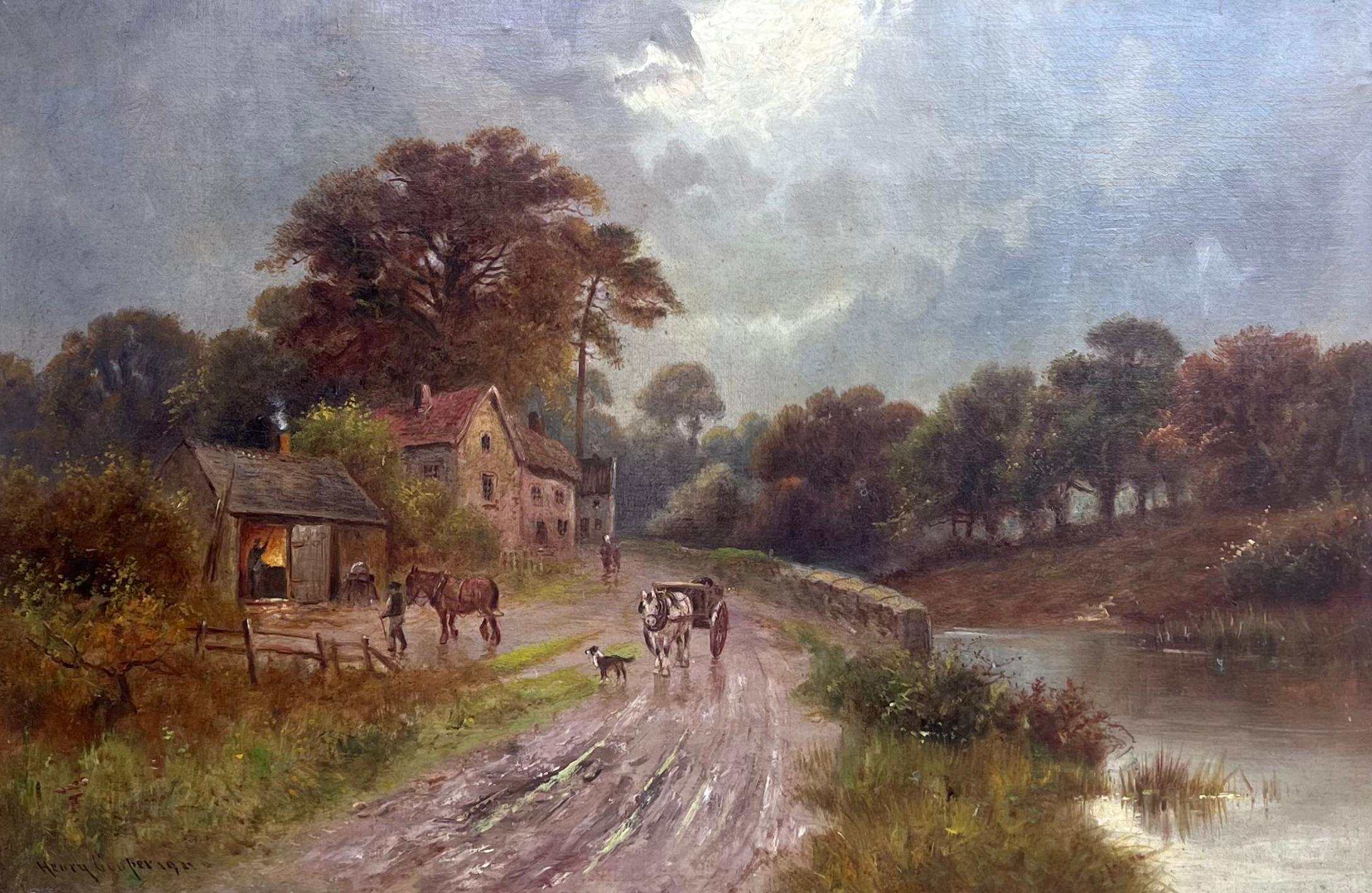 Antico paesaggio rurale inglese firmato Pittura a olio Cavallo e carro in corsia - Painting di Henry Cooper