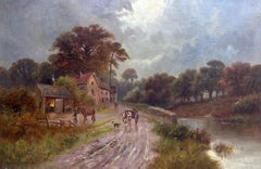 Antique English Rural Landscape Signed Oil Painting Horse & Cart in Lane