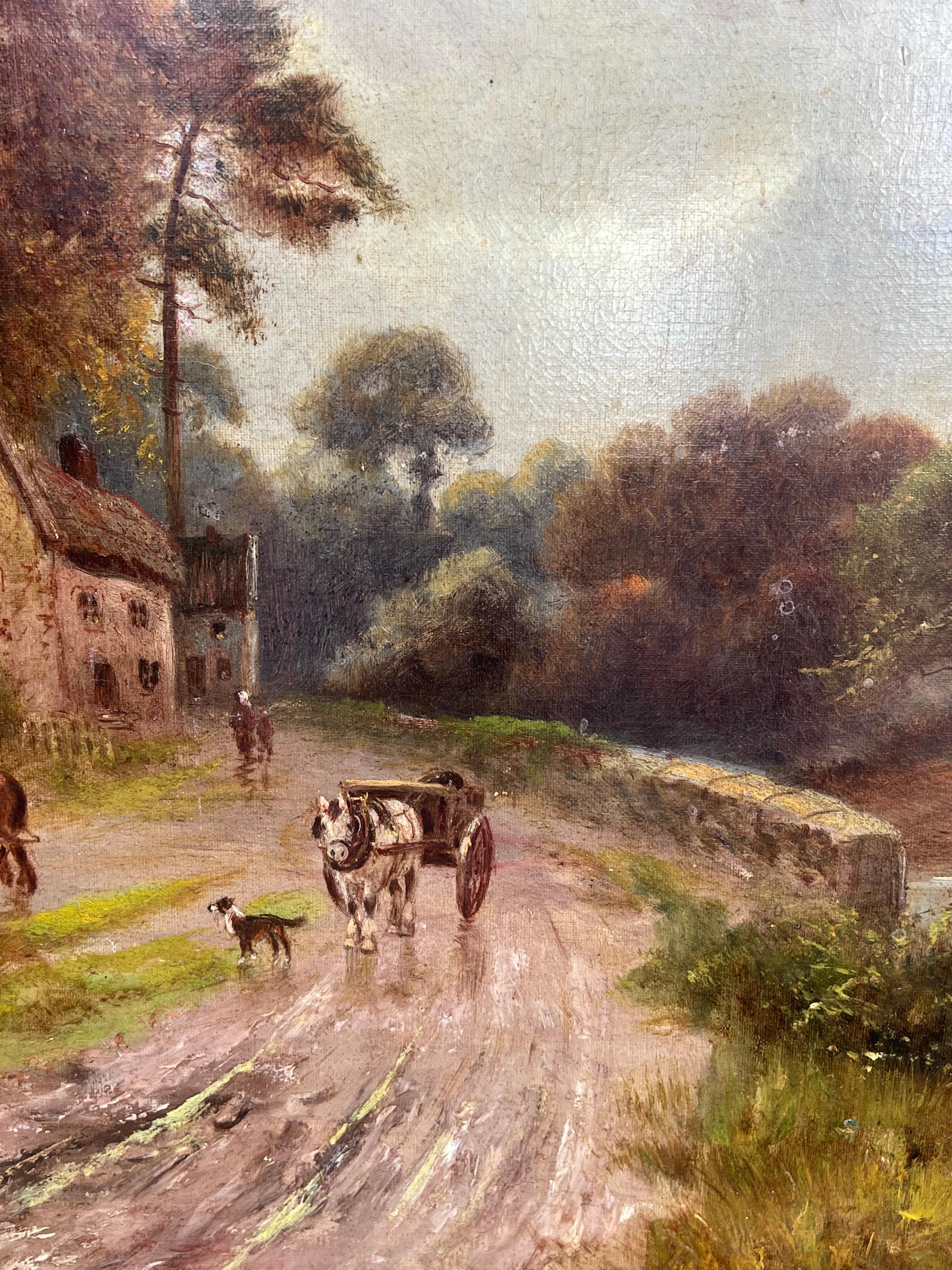 Antico paesaggio rurale inglese firmato Pittura a olio Cavallo e carro in corsia - Landscape Painting Marrone di Henry Cooper