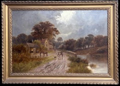 Antique English Rural Landscape Signed Oil Painting Horse & Cart in Lane