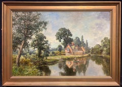 Charming Riverside Cottage with Figures in Punt Tranquil English Scene, oil
