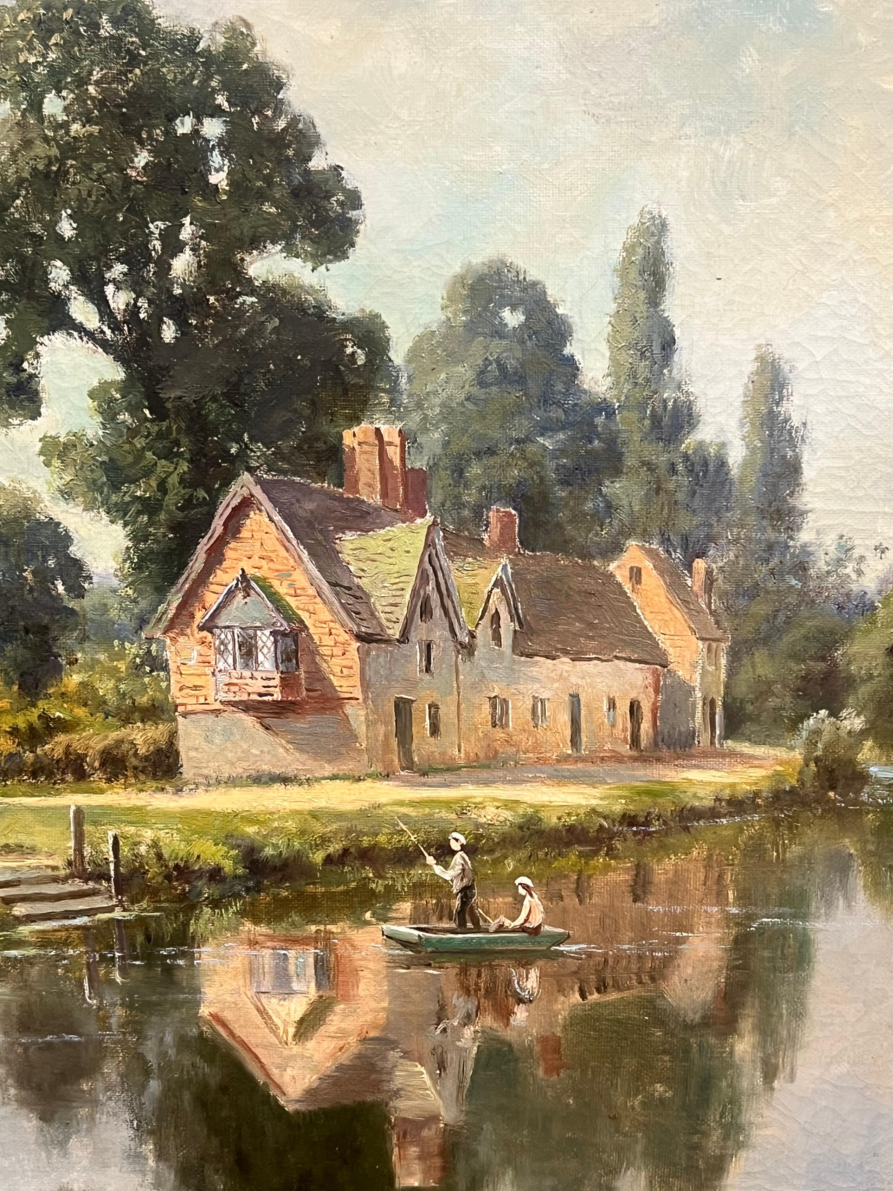 Encantadora cabaña junto al río con figuras en la batea Tranquila escena inglesa, óleo - Painting Escuela inglesa de Henry Cooper