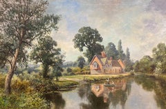 Charmante Flussufer mit Figuren in Punt Tranquil, englische Szene, Öl