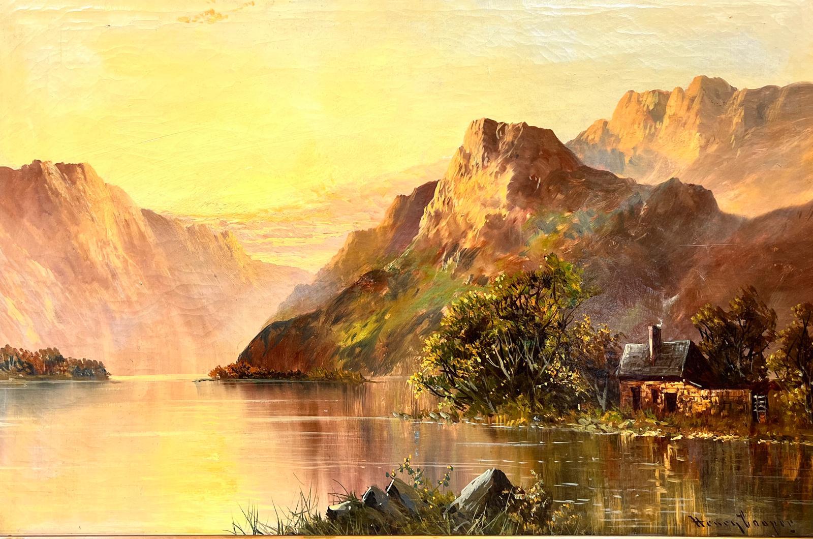 Sunset Scottish Highland Loch Scene with Cottage Antique Signed Oil - Painting by Henry Cooper