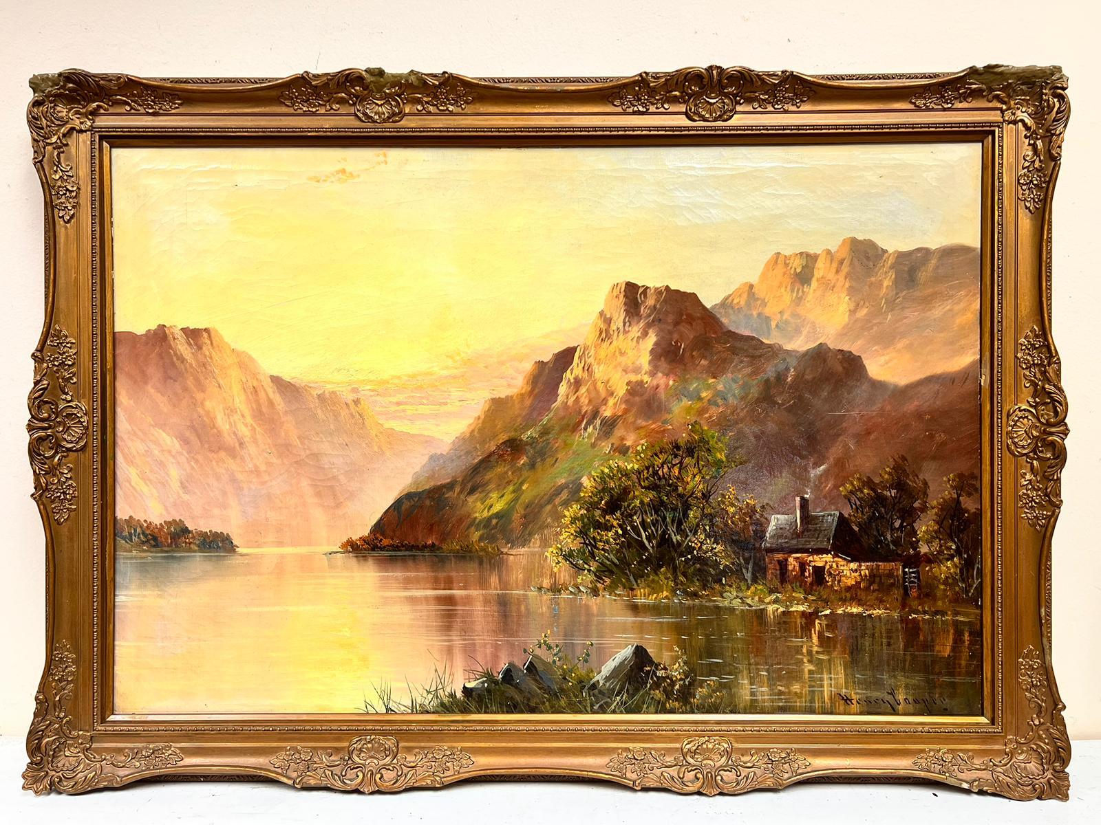 Henry Cooper Figurative Painting - Sunset Scottish Highland Loch Scene with Cottage Antique Signed Oil