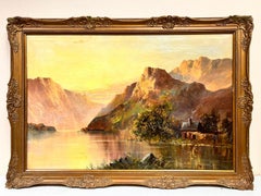 Sunset Scottish Highland Loch Scene with Cottage Antique Signed Oil