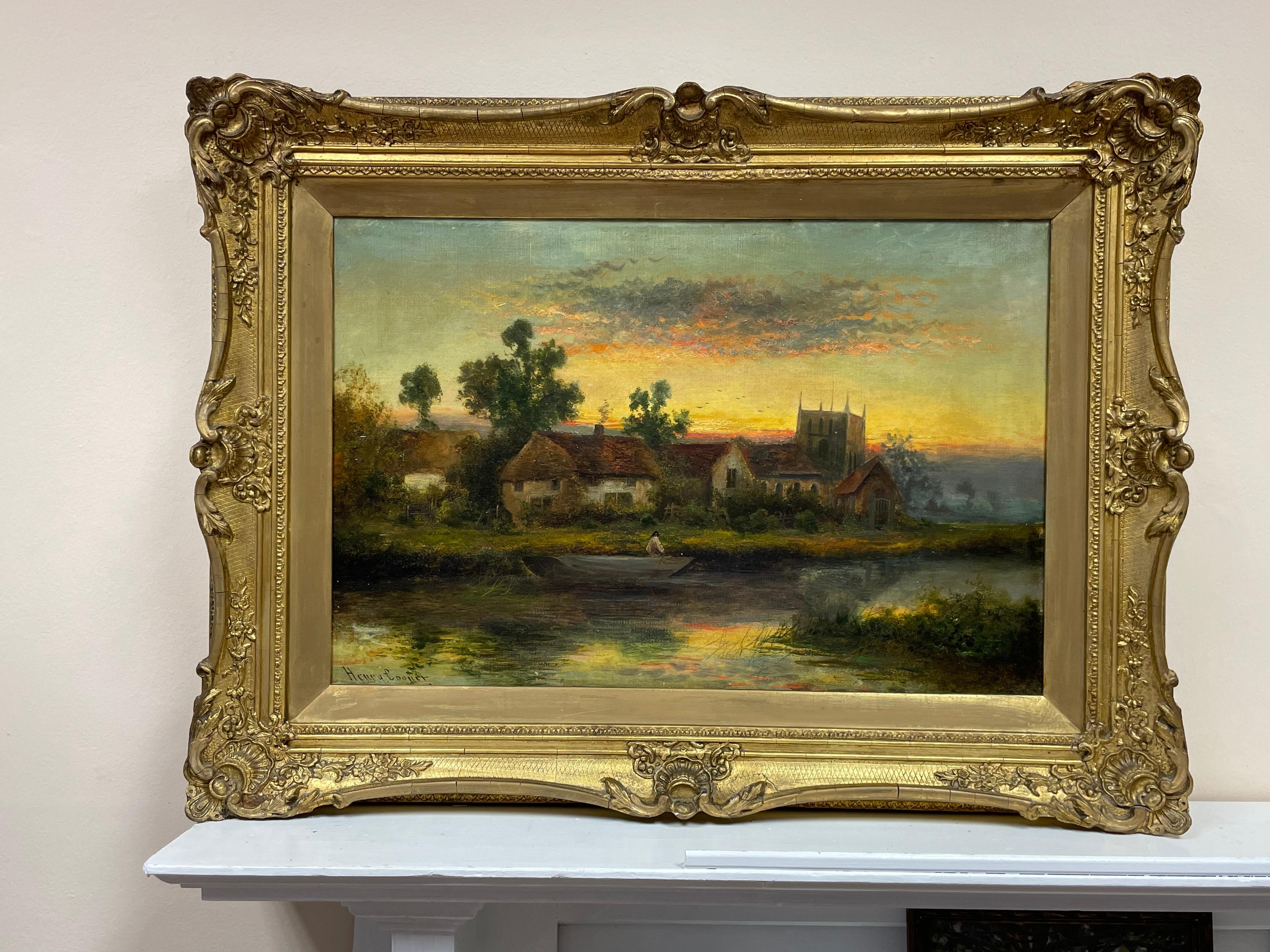 Antique English Signed Oil River Cottage Sunset Scene Figure in Wooden Punt - Painting by Henry Cooper