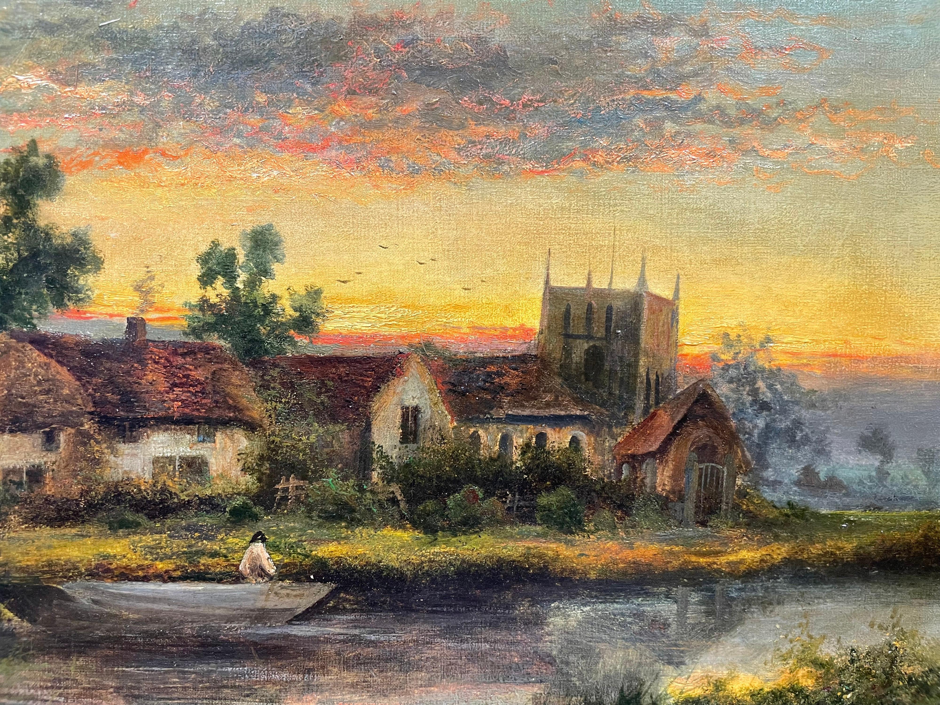 Antique English Signed Oil River Cottage Sunset Scene Figure in Wooden Punt - Brown Landscape Painting by Henry Cooper