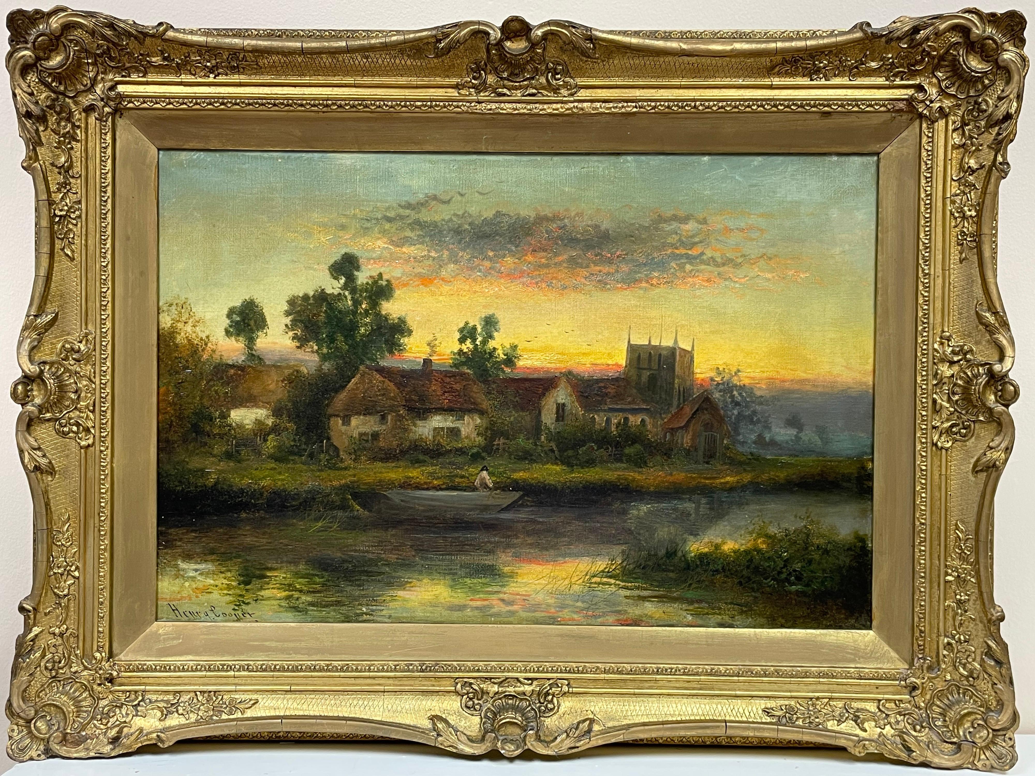 Henry Cooper Landscape Painting - Antique English Signed Oil River Cottage Sunset Scene Figure in Wooden Punt