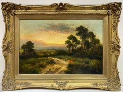 Antique English Signed Oil Shepherd with Sheep Pastoral Sunset Landscape