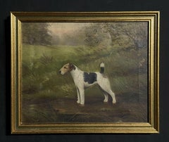 1920's English Dog Painting - Portrait of a Fox Terrier in Landscape, signed
