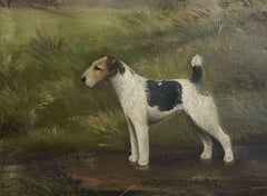 Antique 1920's English Dog Painting - Portrait of a Fox Terrier in Landscape, signed