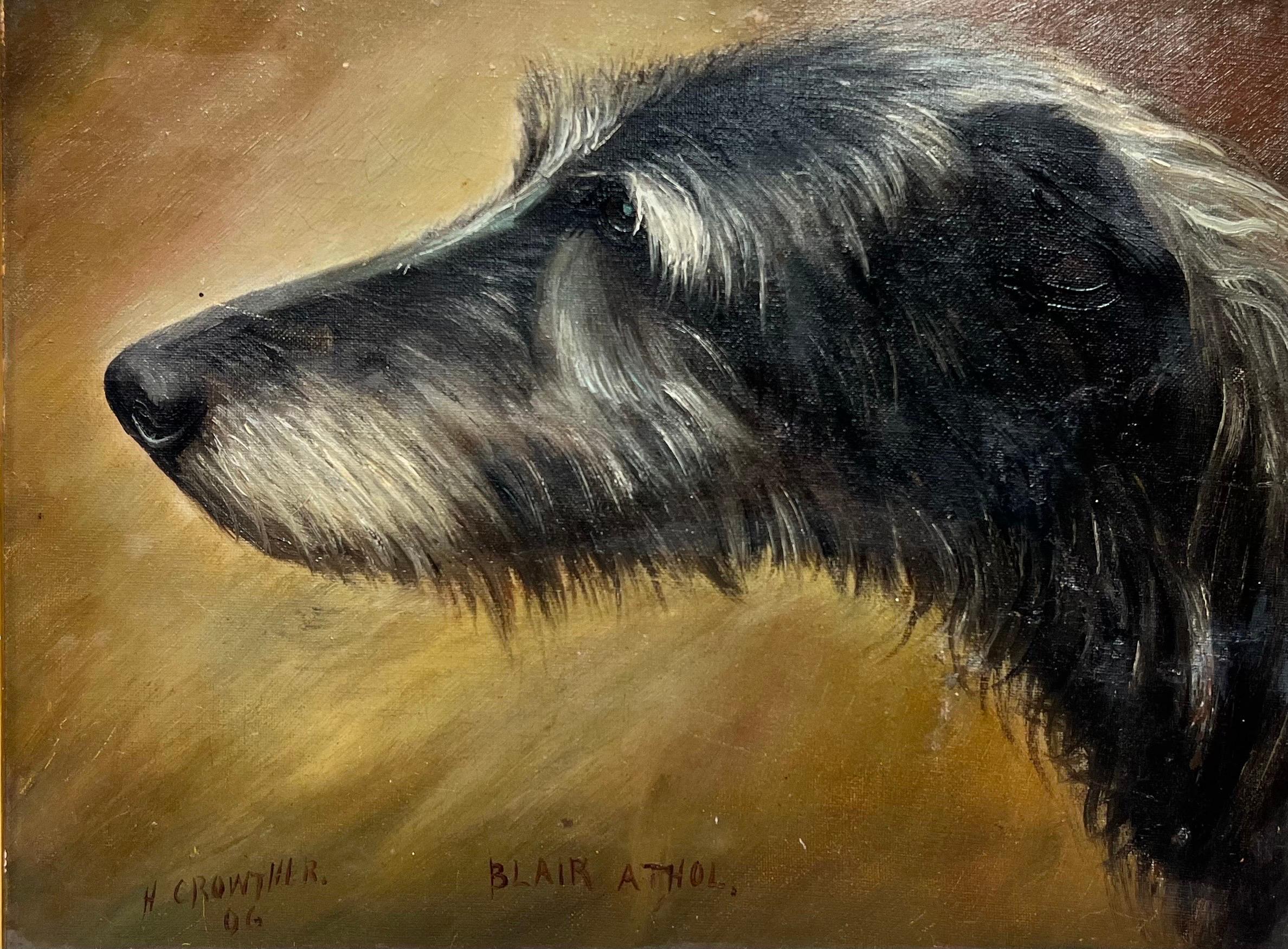 Henry Crowther Animal Painting - Antique English Dog Oil Painting Head Portrait of Irish Wolf Hound, signed
