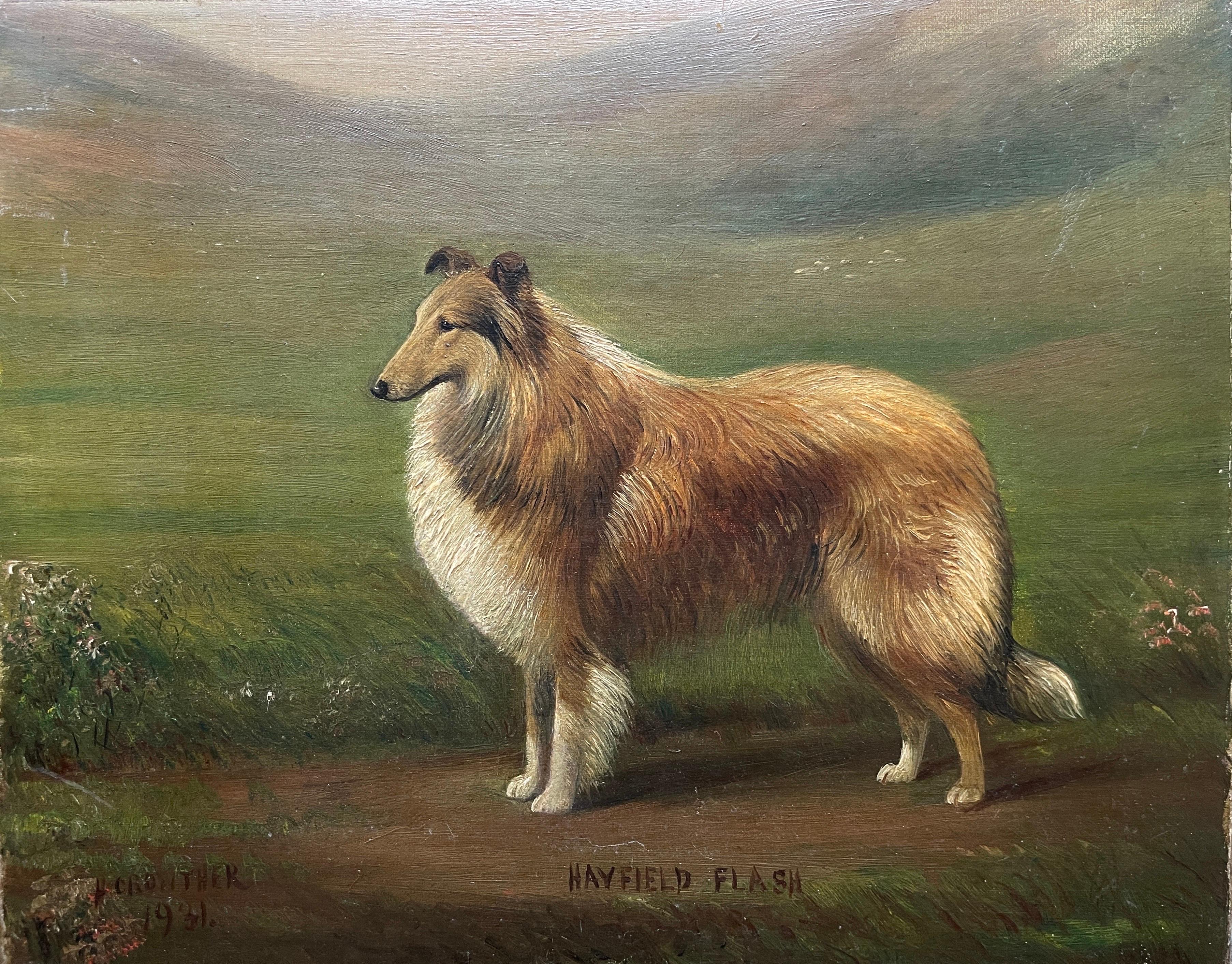 Antique English Dog Painting Portrait of a Collie Dog, titled & dated 1931