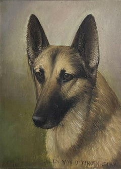 Antique English Dog Painting - Portrait of a German Shepherd Dog, Signed Dated
