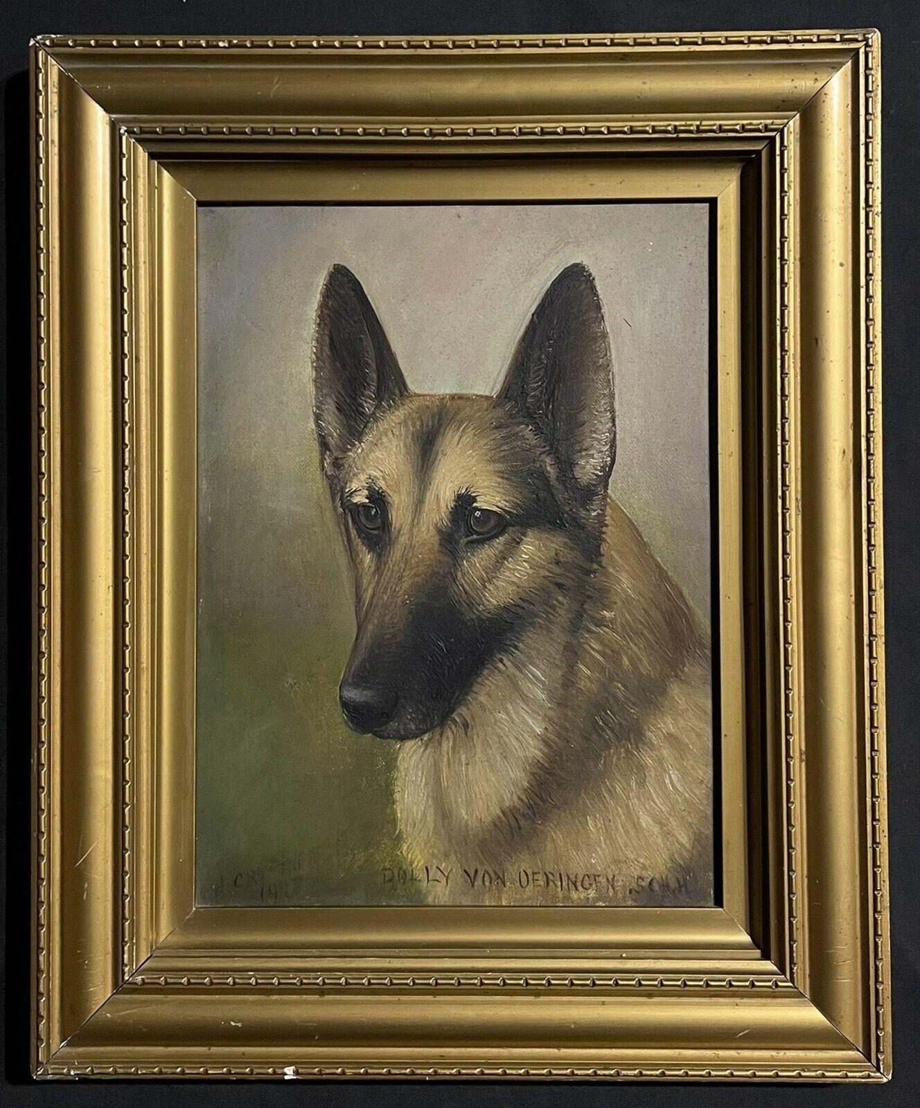 Antique English Dog Painting - Portrait of a German Shepherd Dog, Signed Dated
