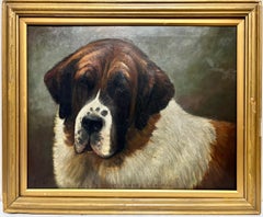 Antique English Dog Painting Portrait of a St. Bernard Dog, titled & dated