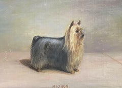 ANTIQUE ENGLISH DOG PAINTING SIGNED OIL - YORKSHIRE TERRIER DOG LONG COATED