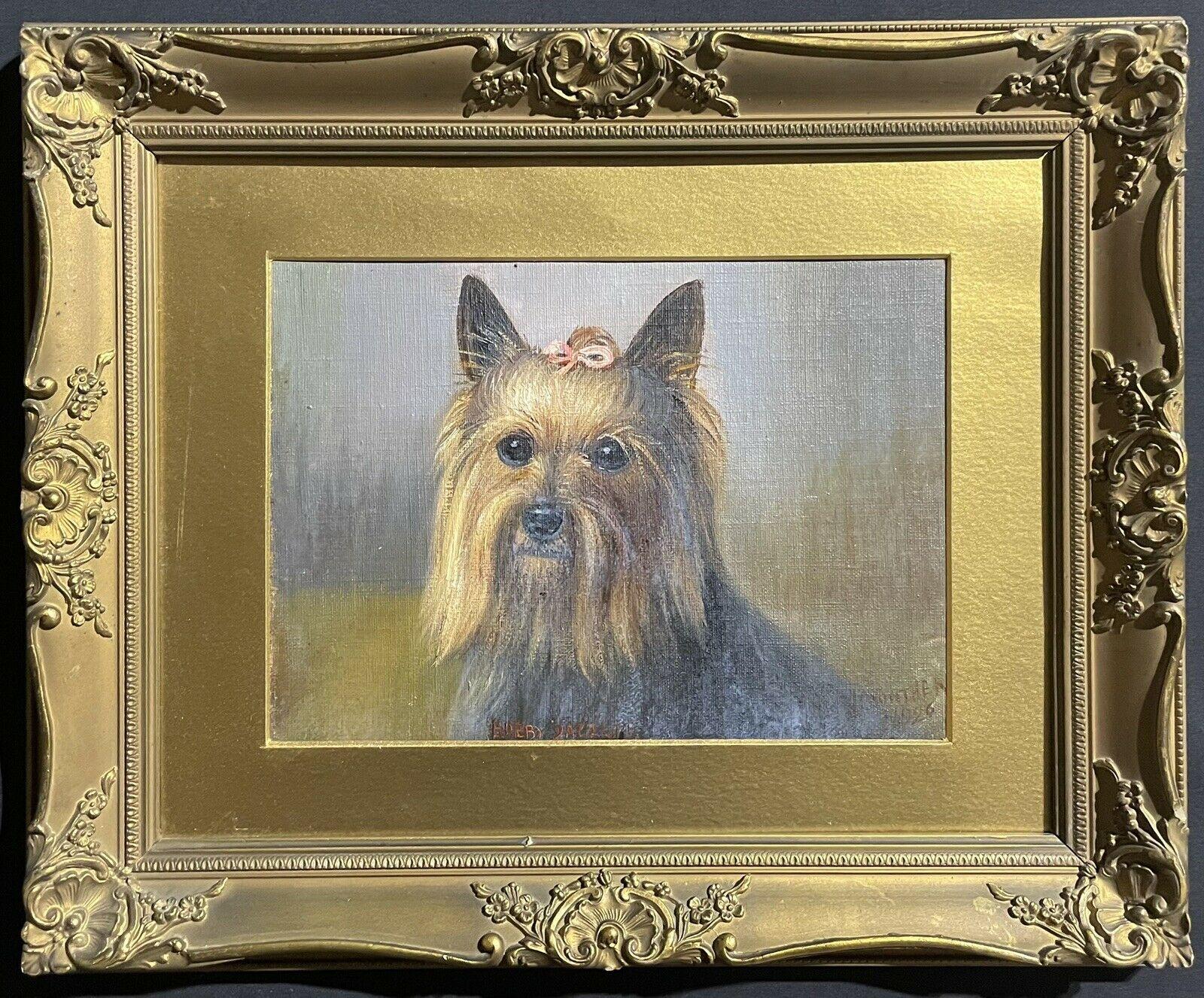 ANTIQUE ENGLISH DOG PAINTING SIGNED OIL - YORKSHIRE TERRIER DOG WITH PINK BOW - Painting by Henry Crowther