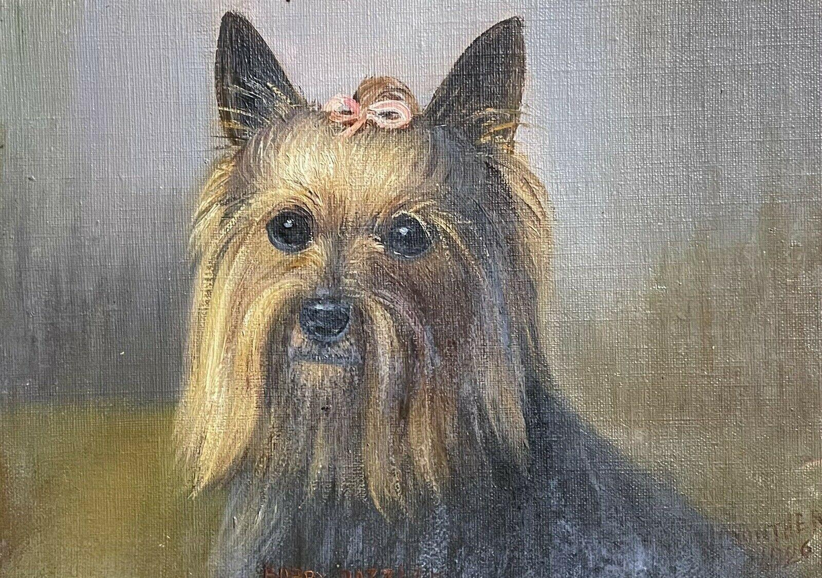 Henry Crowther Animal Painting - ANTIQUE ENGLISH DOG PAINTING SIGNED OIL - YORKSHIRE TERRIER DOG WITH PINK BOW