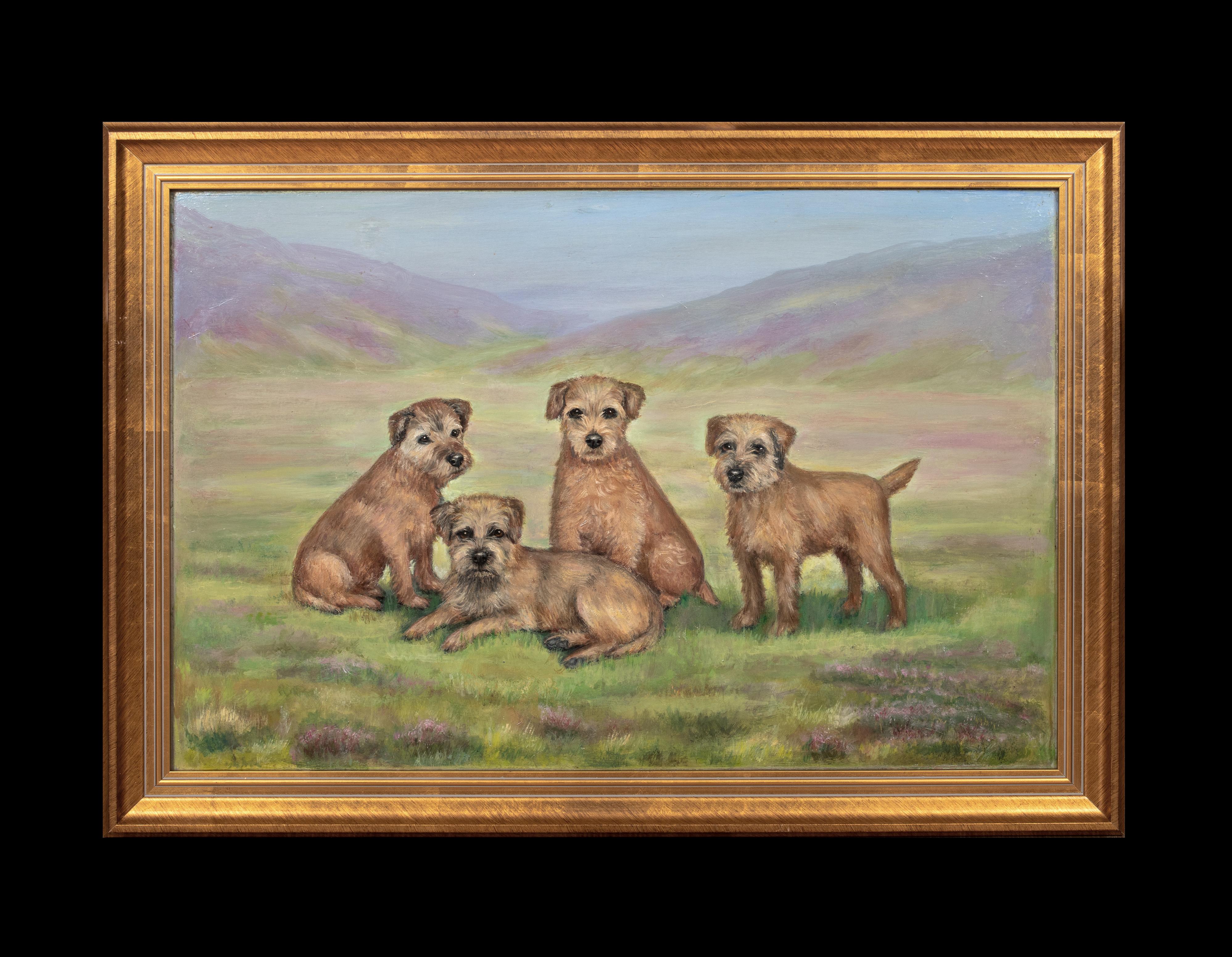 CIRCA 1910 Englisches Hundeporträt von Border Terrier Hunden – Painting von Henry Crowther