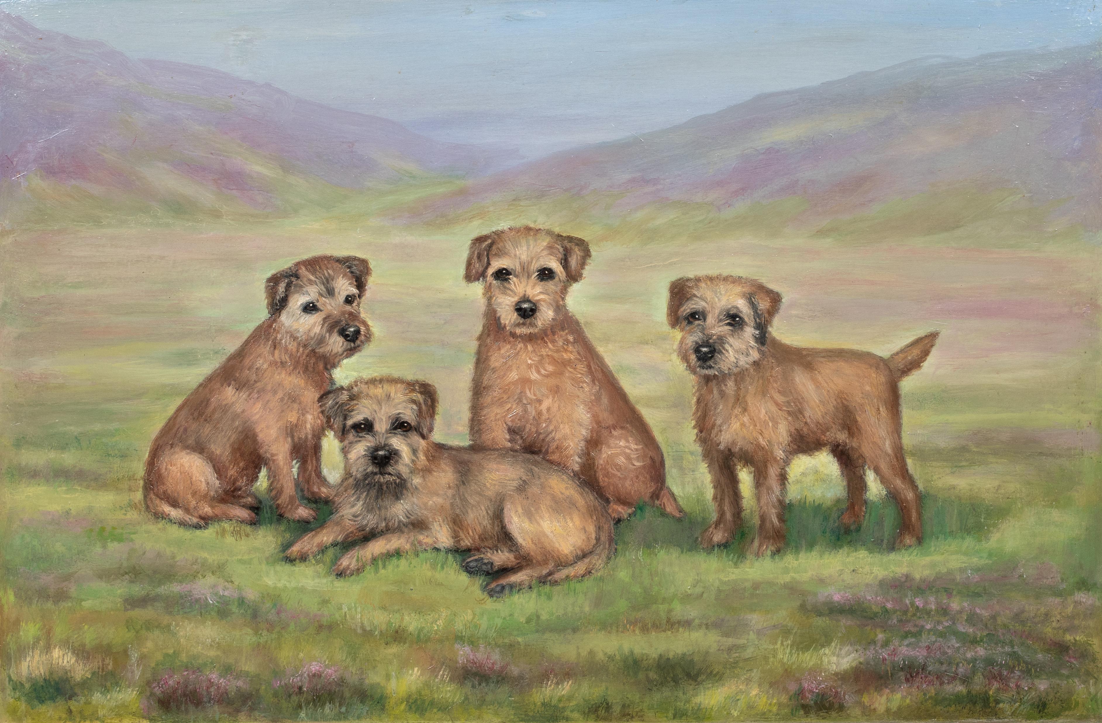 CIRCA 1910 Englisches Hundeporträt von Border Terrier Hunden (Braun), Animal Painting, von Henry Crowther
