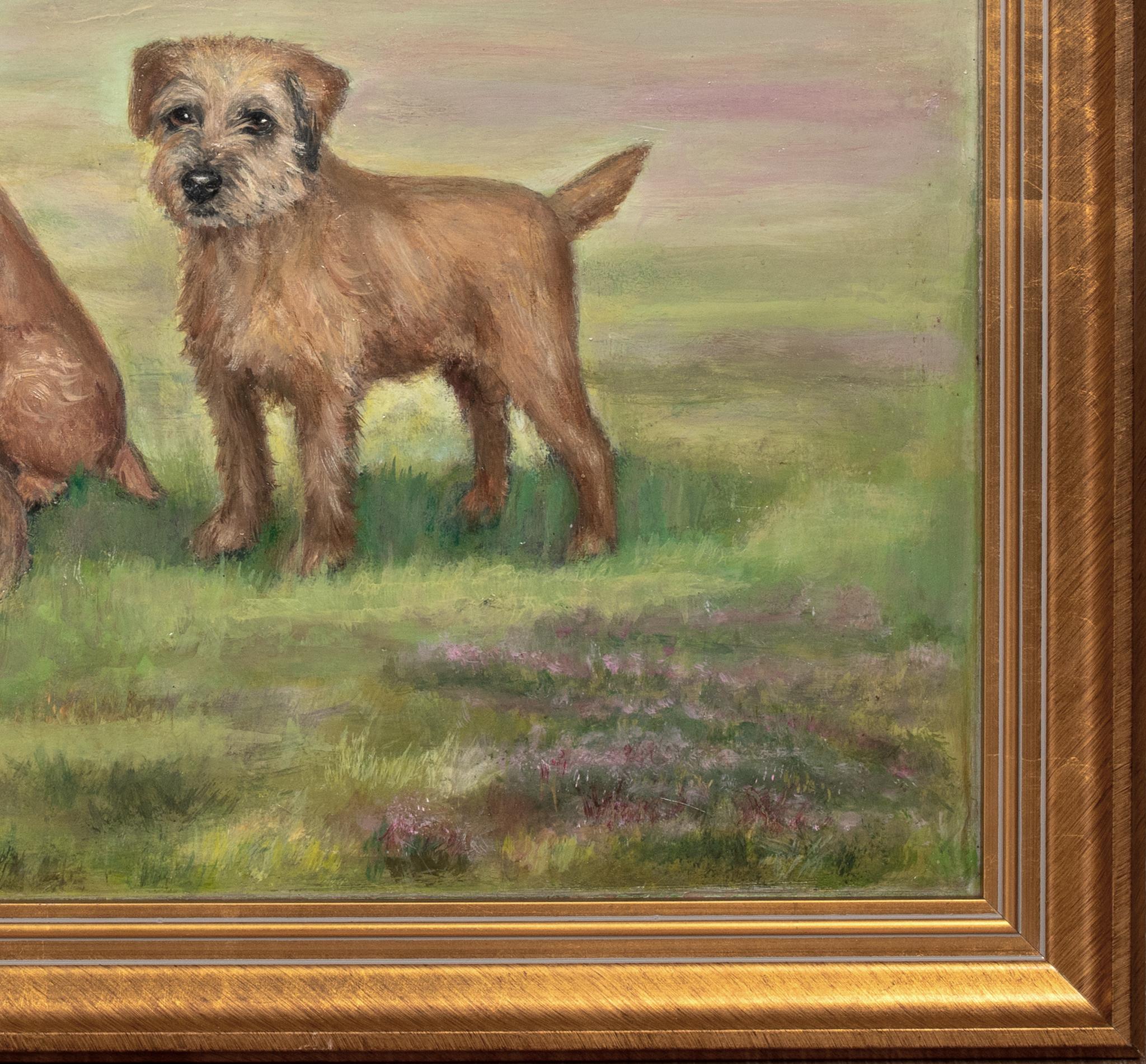 Porträt von Lucy, Linnet, Lorna und Lark, Border Terrier, um 1910

Anfang des 20. Jahrhunderts - Henry Crowther zugeschrieben 

Englische Schule des frühen 20. Jahrhunderts, Porträt von 4 Border Terriern, 