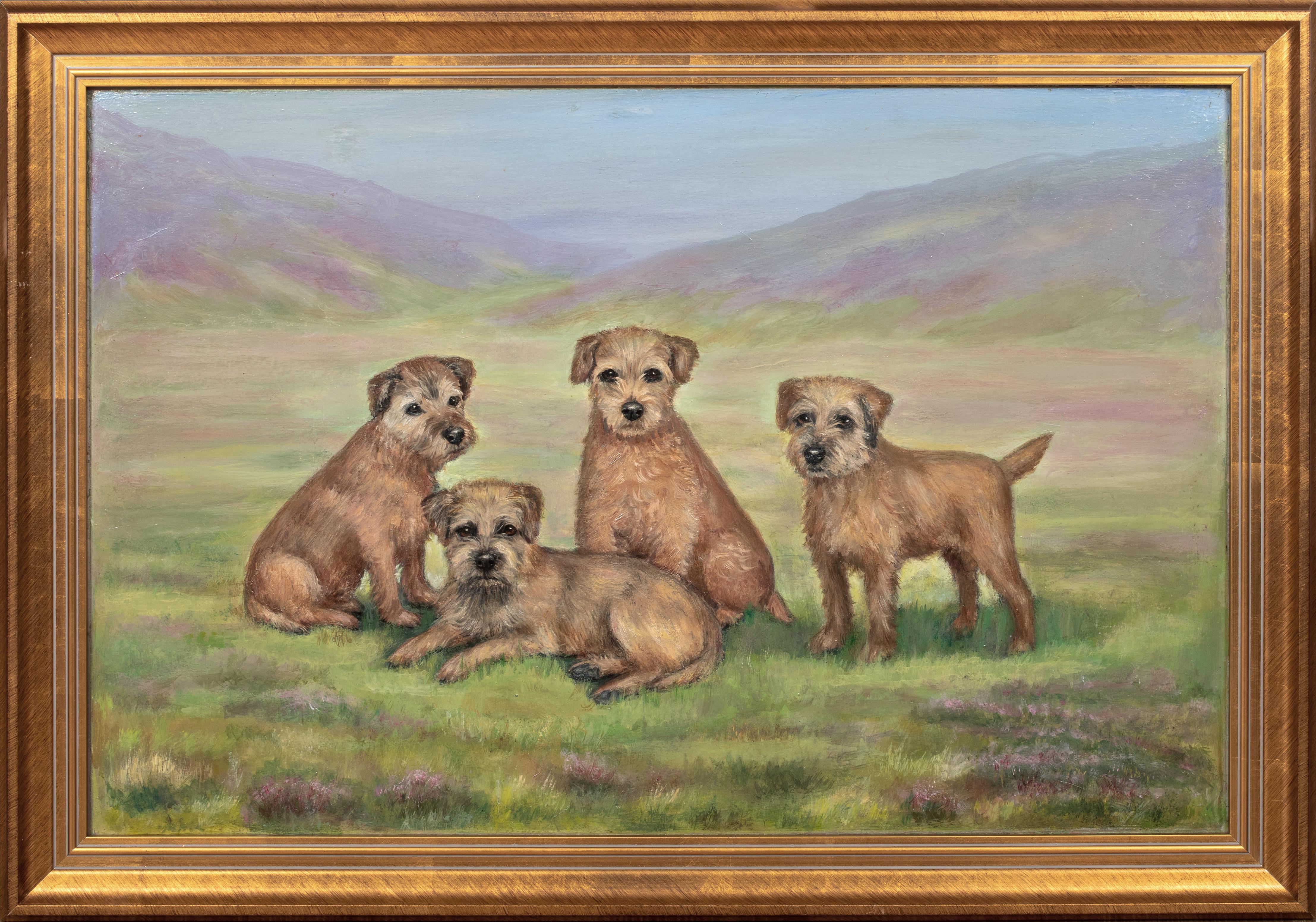 Henry Crowther Animal Painting – CIRCA 1910 Englisches Hundeporträt von Border Terrier Hunden