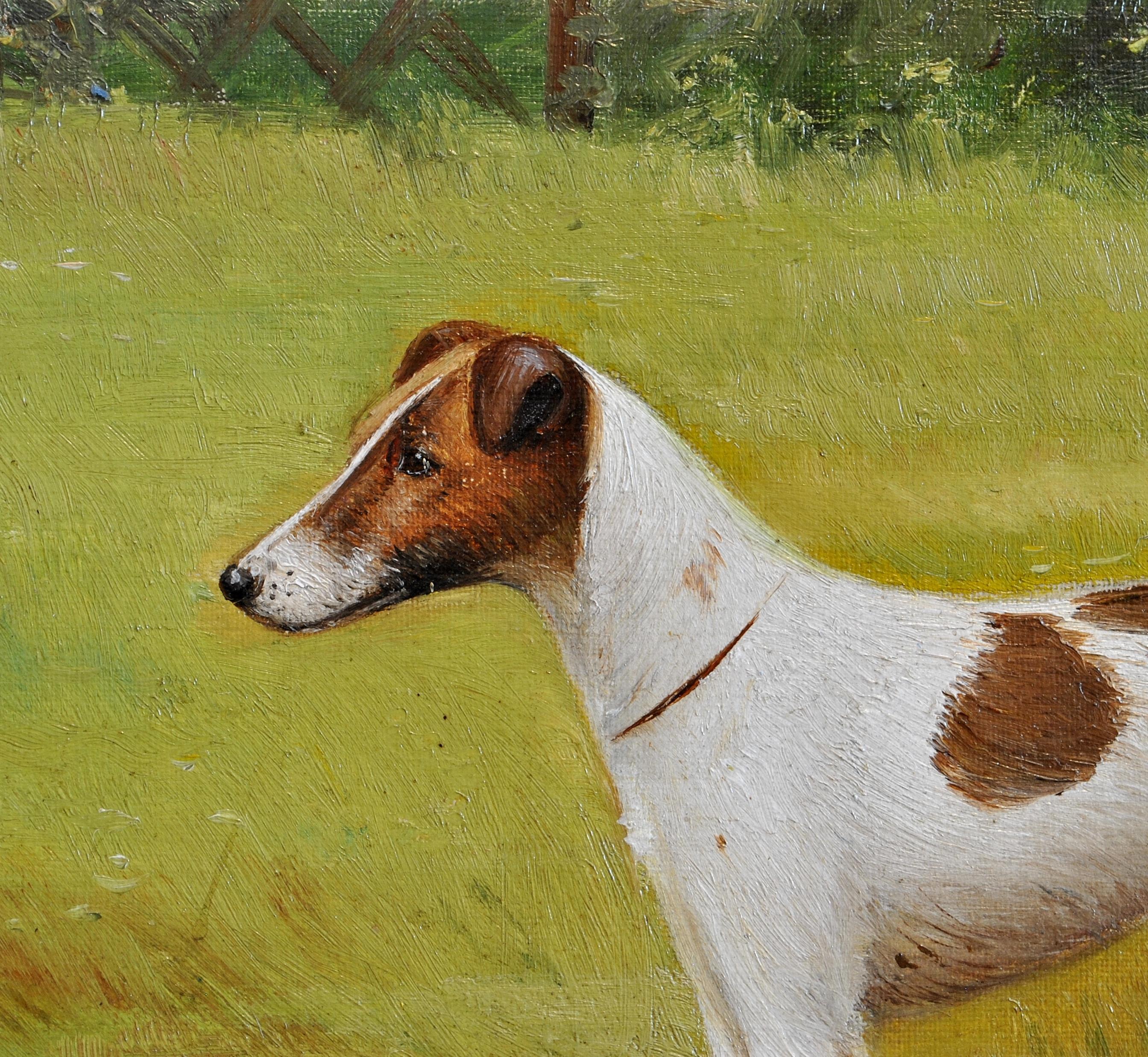 Dormie Dandy - Portrait of a Smooth Fox Terrier Antique Dog Oil Painting - Brown Animal Painting by Henry Crowther