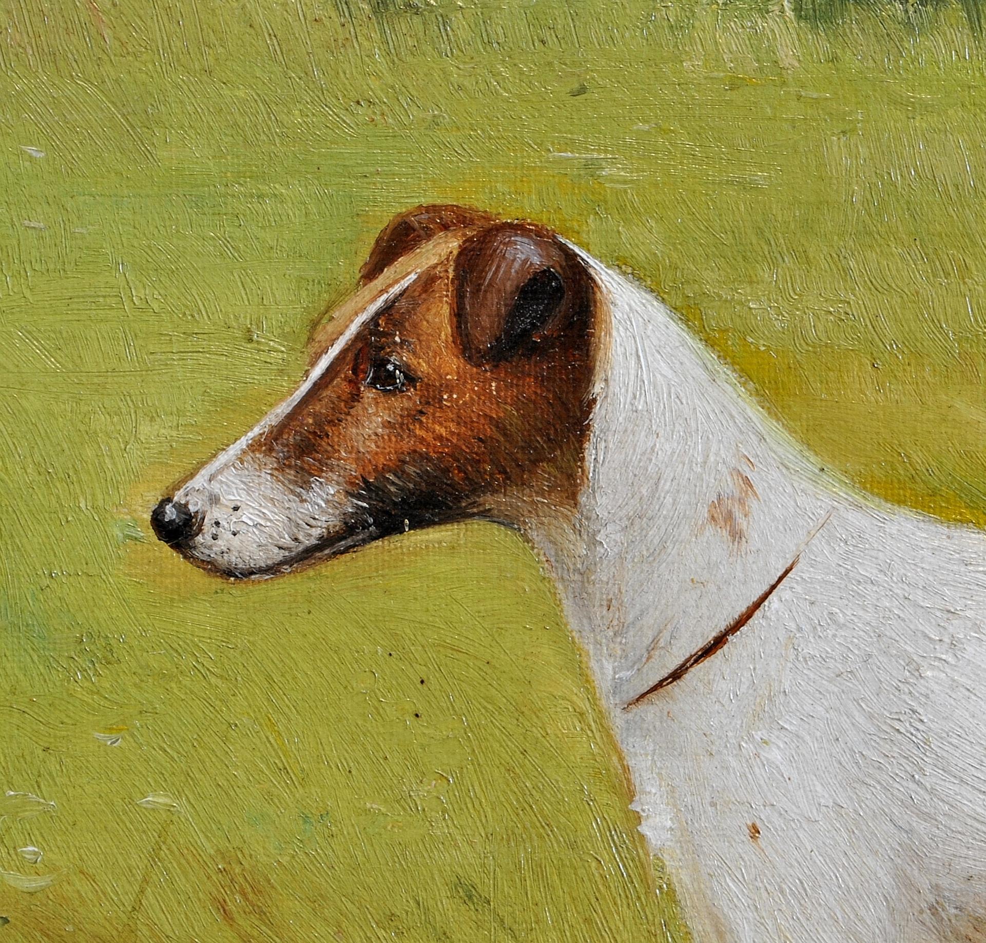 A beautiful signed and dated 1920 oil on canvas portrait of the Smooth Fox Terrier ''Dormie Dandy'' in a landscape by Henry Crowther. 

Excellent quality and condition portrait of the Terrier - a leading example of the work of this well known dog