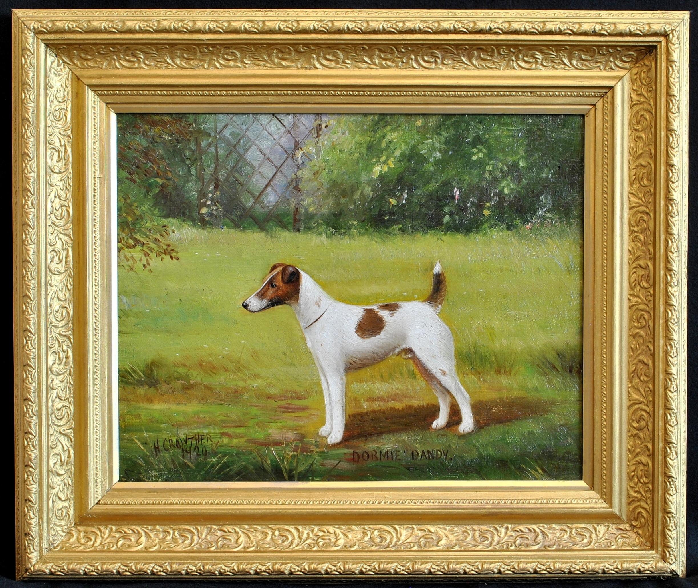 Henry Crowther Animal Painting - Dormie Dandy - Portrait of a Smooth Fox Terrier Antique Dog Oil Painting