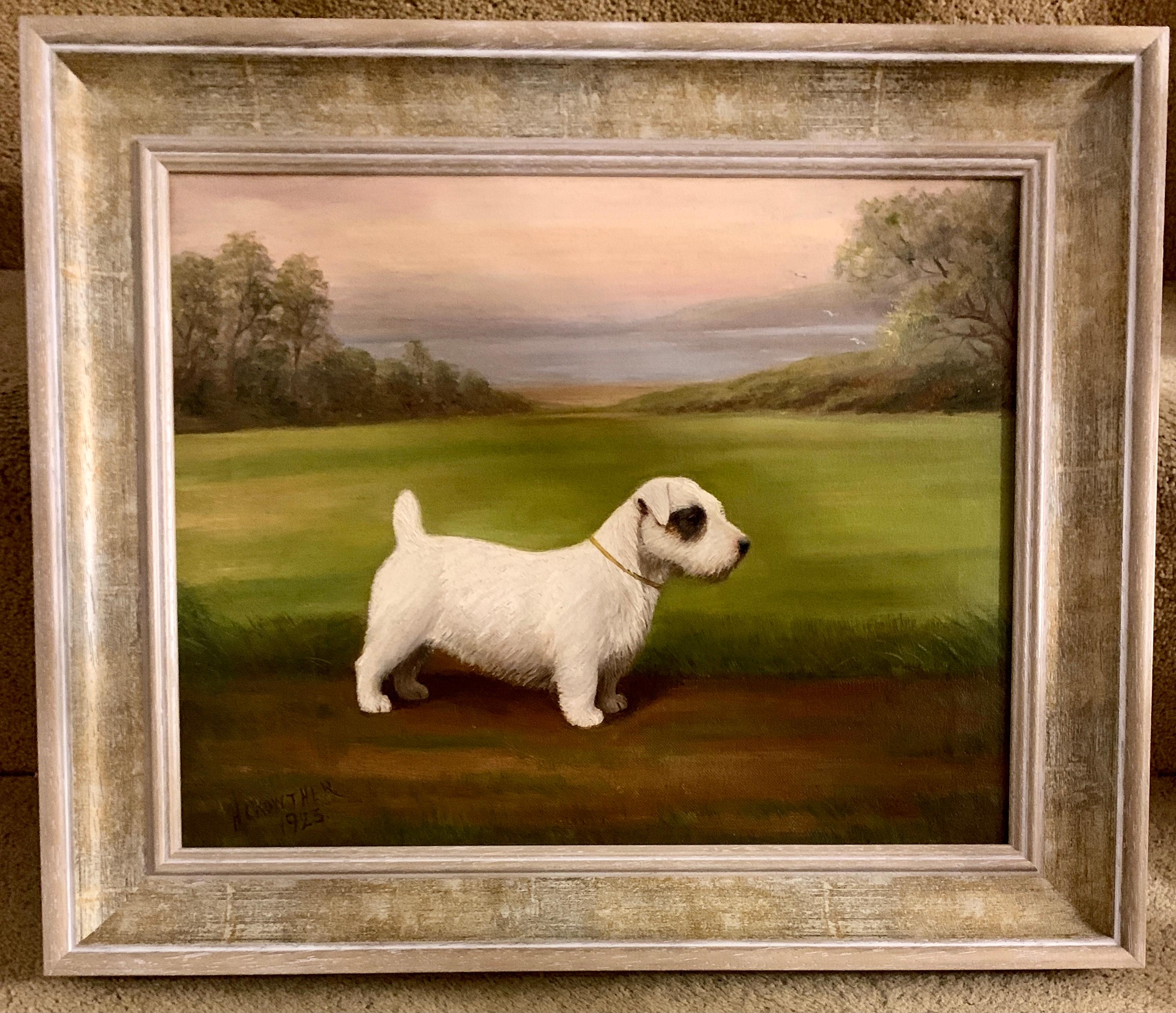 English early 20th century portrait of a Sealyham terrier in a landscape