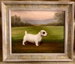 English early 20th century portrait of a Sealyham terrier in a landscape