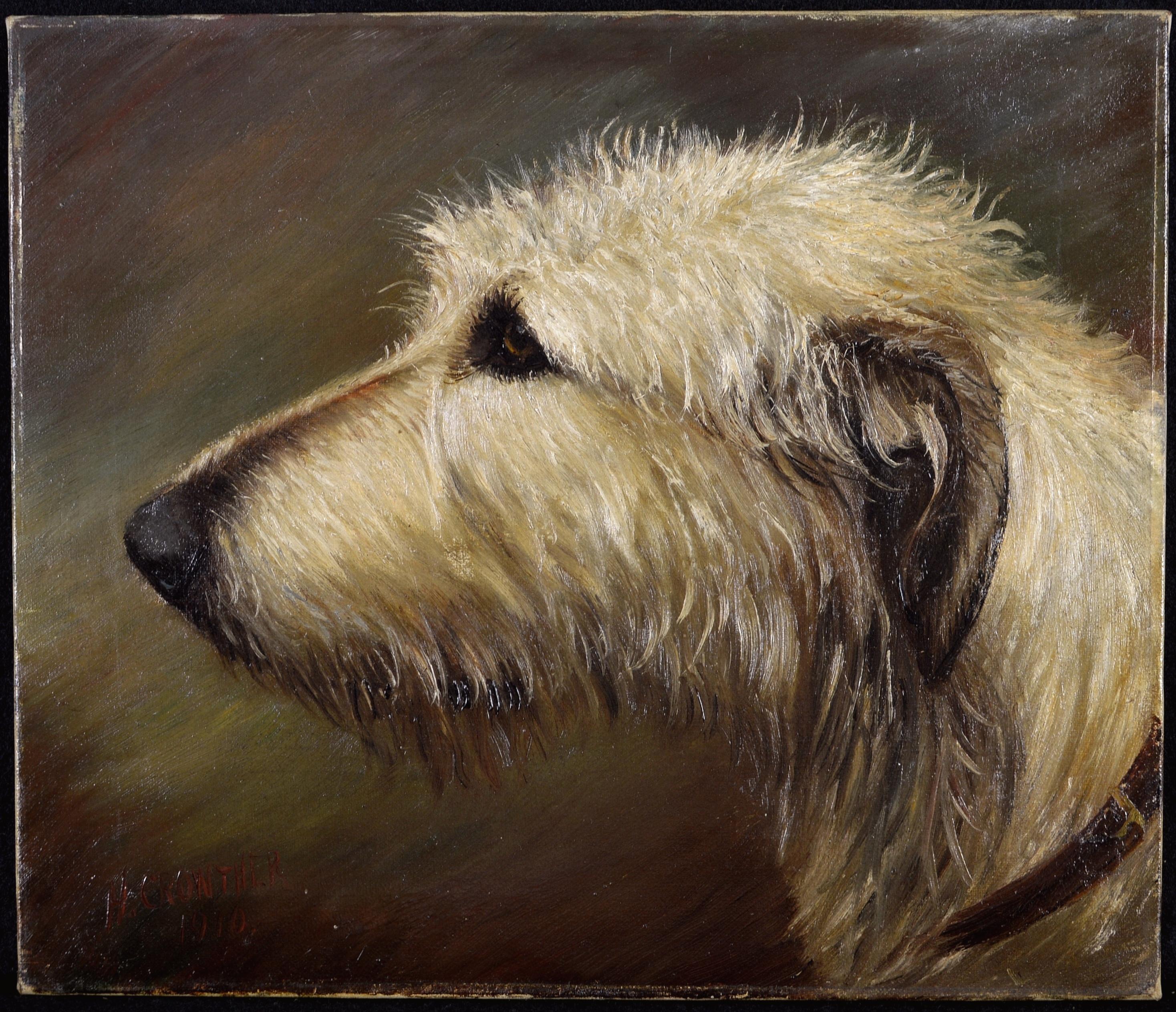Irish Wolfhound - Early 20th Century Dog Portrait Antique Oil on Canvas Painting - Black Animal Painting by Henry Crowther