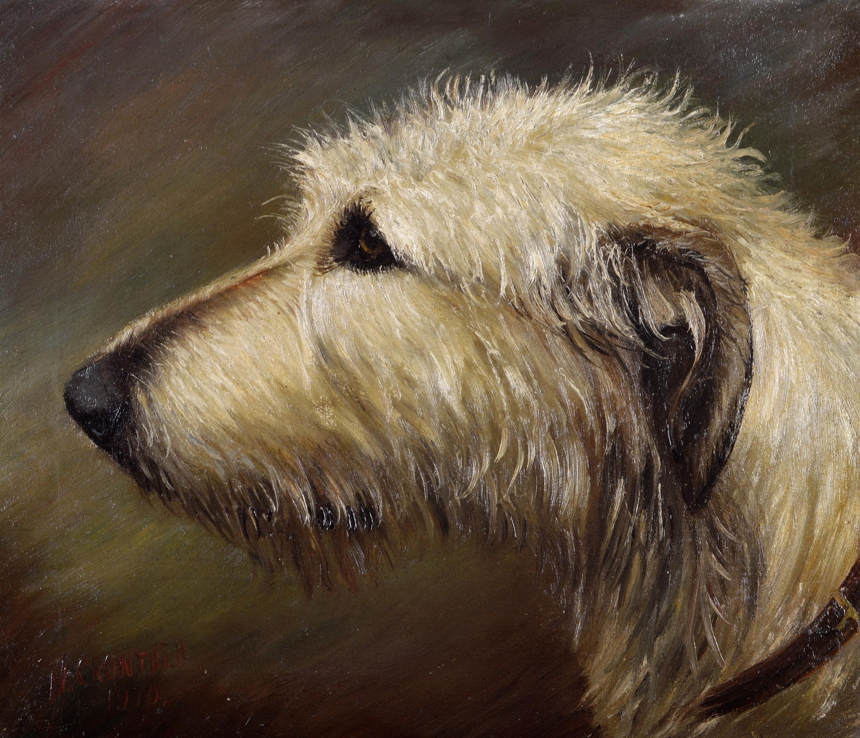 A beautiful signed and dated 1910 oil on canvas portrait of an Irish Wolfhound, by Henry Crowther. 

Excellent quality and condition portrait of the Wolfhound by this very popular dog painter. Signed and dated lower left.

Artist: Henry Crowther