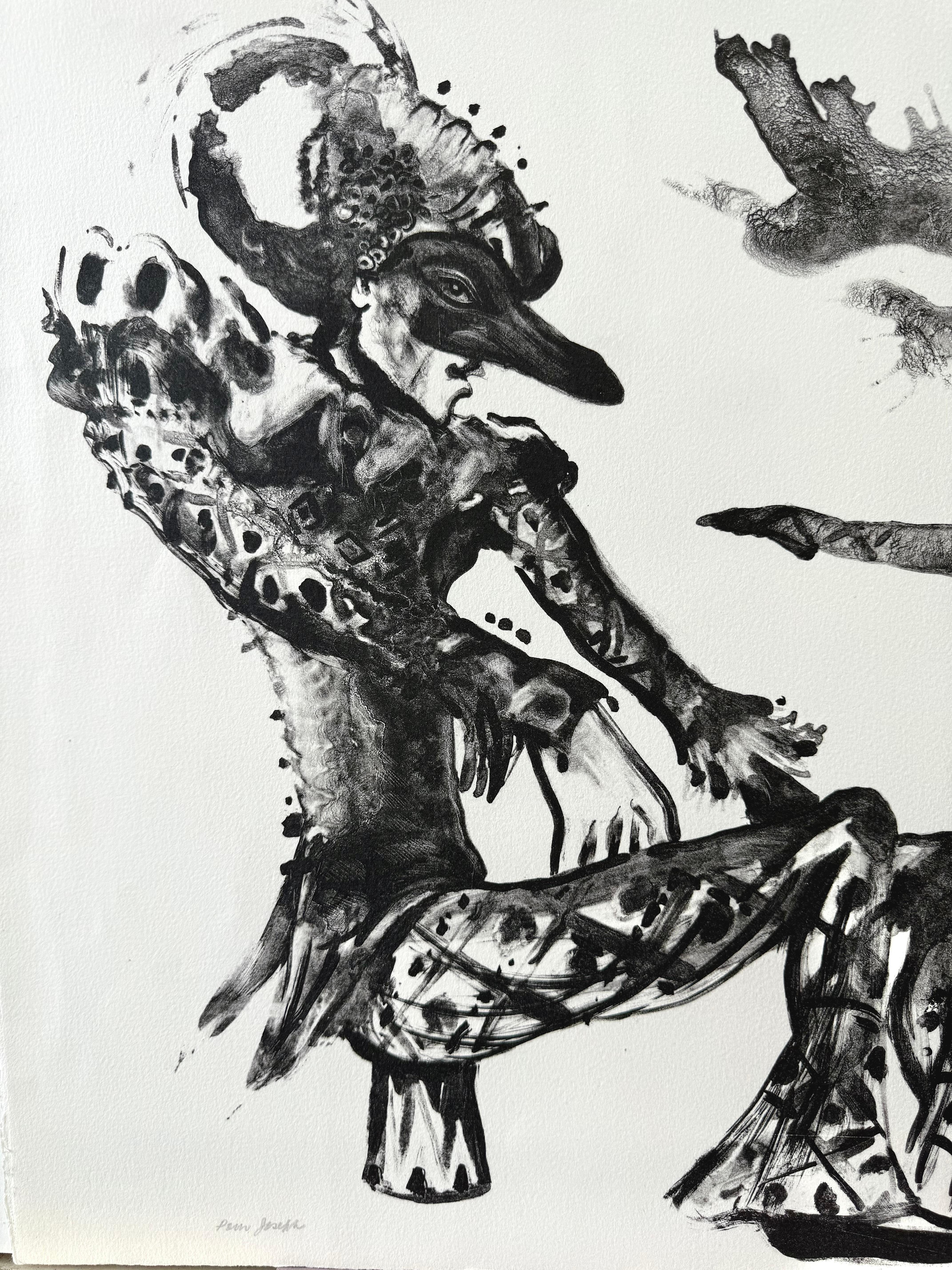 COMÉDIE ITALIENNE Signed Lithograph, Surreal Harlequin and Ballerina, Masquerade - Print by Henry D. Regis