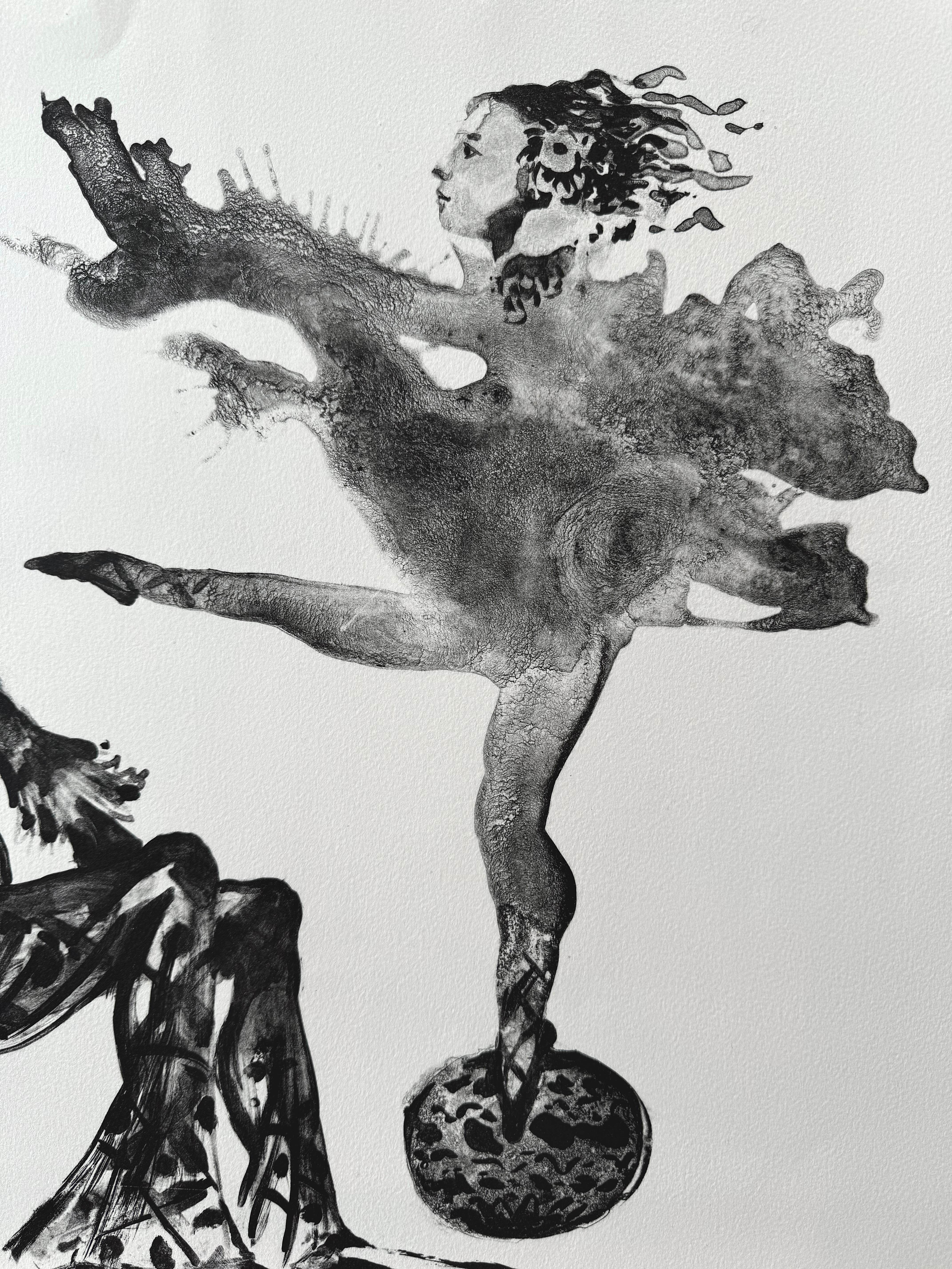 COMÉDIE ITALIENNE Signed Lithograph, Surreal Harlequin and Ballerina, Masquerade - Surrealist Print by Henry D. Regis