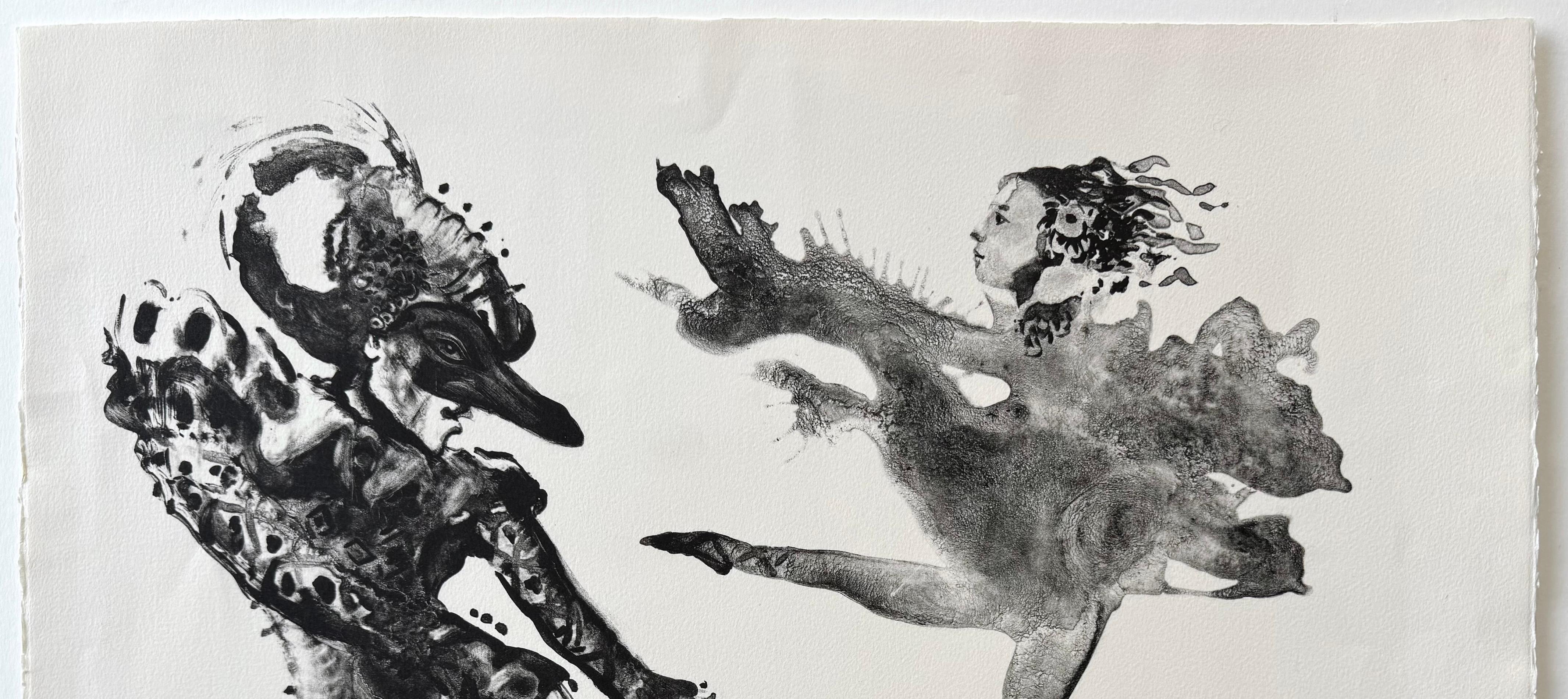 COMÉDIE ITALIENNE Signed Lithograph, Surreal Harlequin and Ballerina, Masquerade - Gray Figurative Print by Henry D. Regis