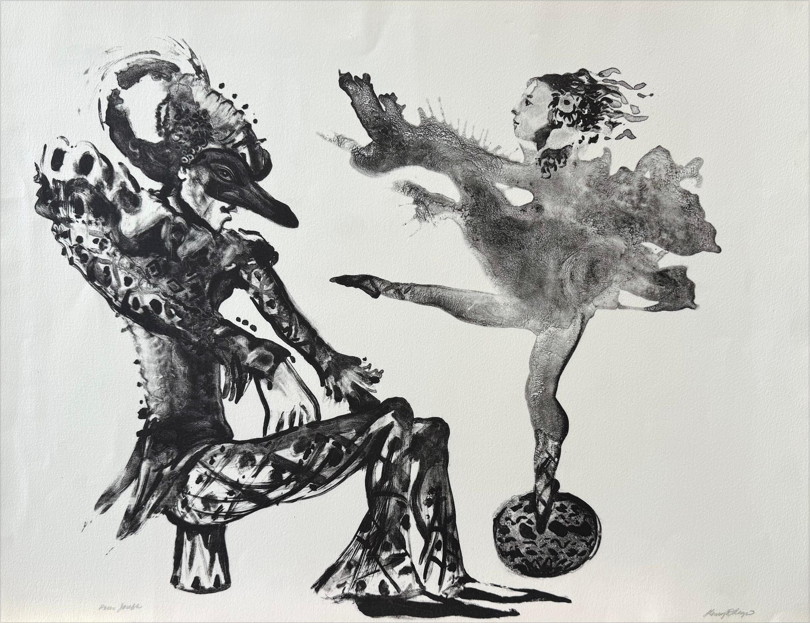 Henry D. Regis Figurative Print - COMÉDIE ITALIENNE Signed Lithograph, Surreal Harlequin and Ballerina, Masquerade