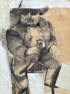 TWO OLD FRIENDS Signed Mixed Media Collage, Double Portrait Mature Men With Hats