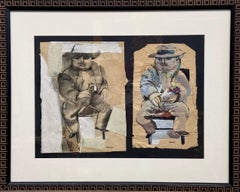 TWO OLD FRIENDS Signed Mixed Media Collage, Double Portrait Mature Men With Hats