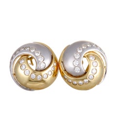 Henry Danker 18 Karat Yellow and White Gold Diamond Swirl Omega Earrings
