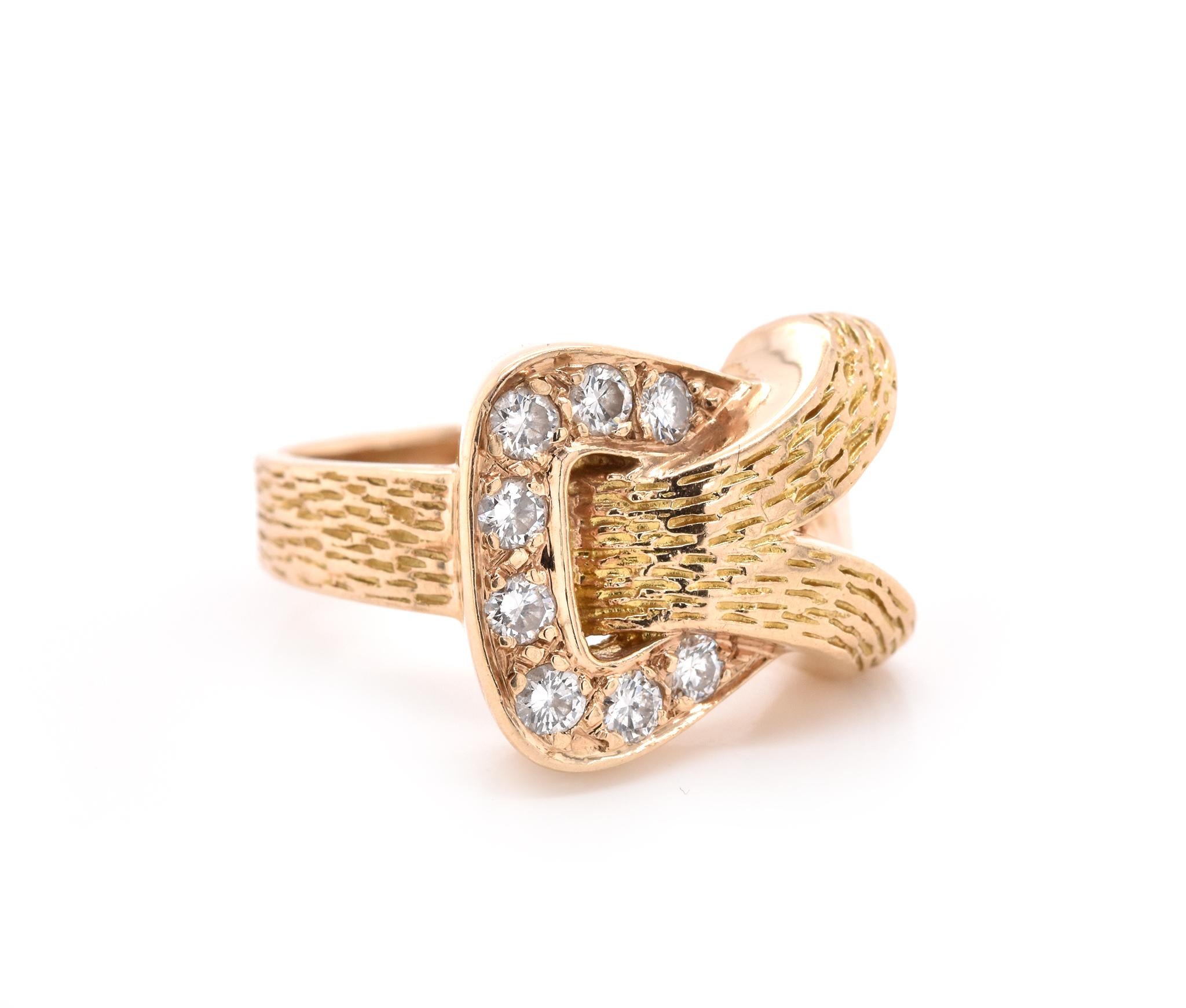 Designer: Henry Dankner
Material: 14k yellow gold
Diamonds: 8 round brilliant cuts = 0.32cttw
Color: G
Clarity: VS
Ring Size: 5 ½ (please allow up to 2 additional business days for sizing requests)
Dimensions: ring top measures 13.15mm x