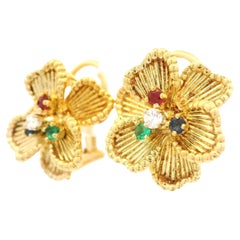 Henry Dankner 18k Gold Diamond Ruby Sapphire & Emerald Textured Flower Earrings