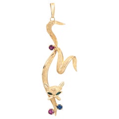 Henry Dankner Pendentif chat vintage en or jaune 14 carats, saphir, rubis et animaux