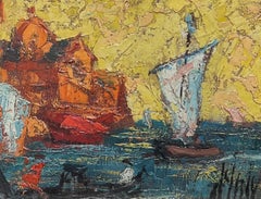 Vibrant paysage marin moderniste du milieu du 20e siècle Bateaux à voile et bâtiments côtiers