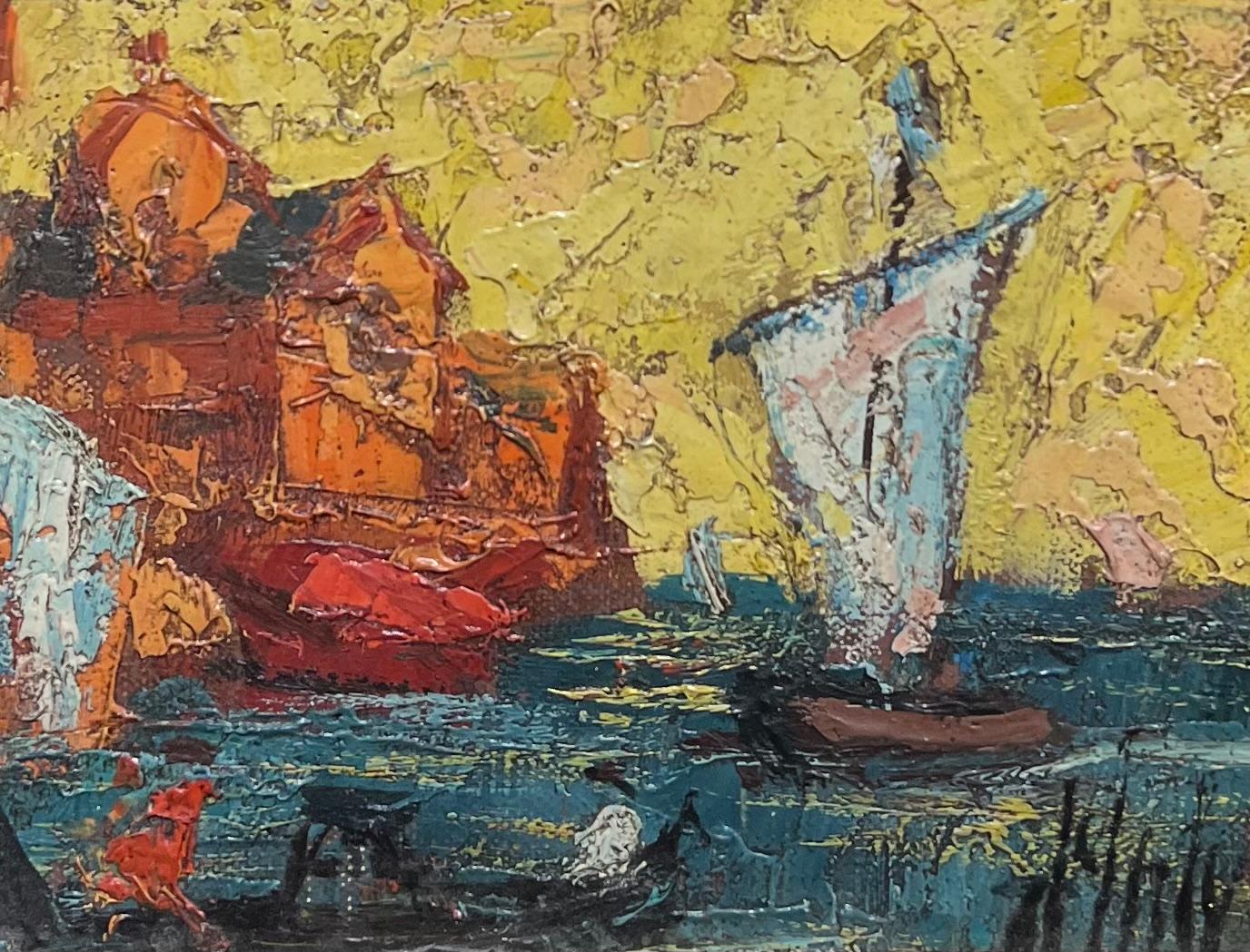 Vibrante paesaggio marino modernista della metà del XX secolo con barche a vela ed edifici costieri - Painting Moderno di Henry D'Anty
